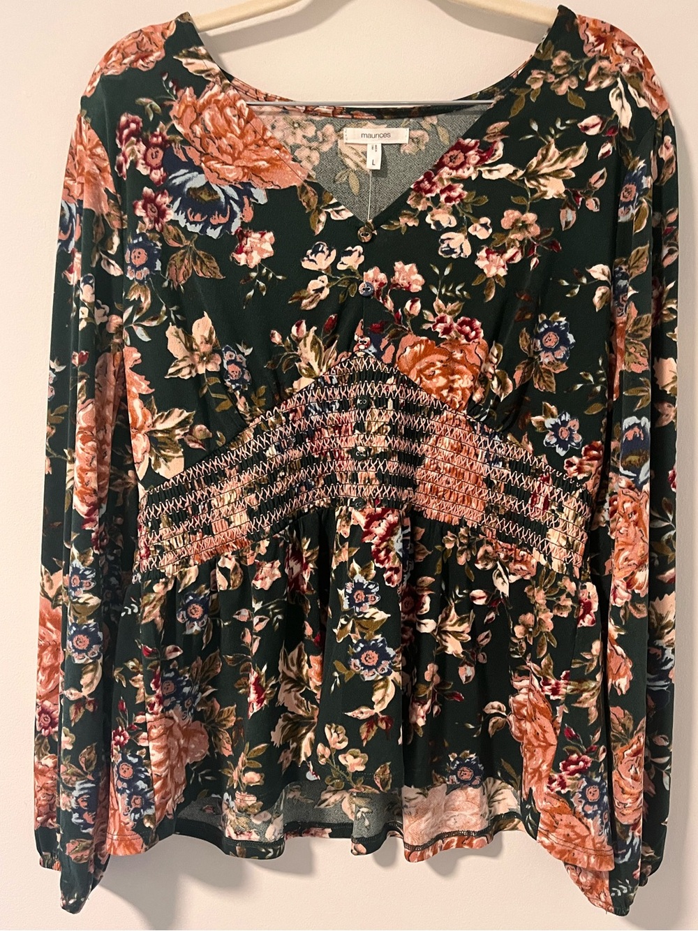 NWT Maurices Forest Green Floral Smocked Waist Peplum Top